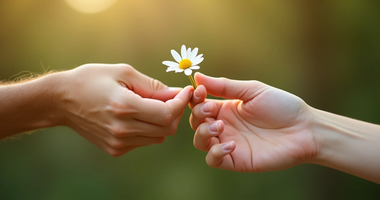 Mão entregando uma flor pequena para outra mão, fundo desfocado, sensação de alegria discreta