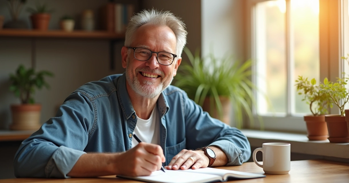 Pessoa sorrindo anotando uma pequena conquista em um diário