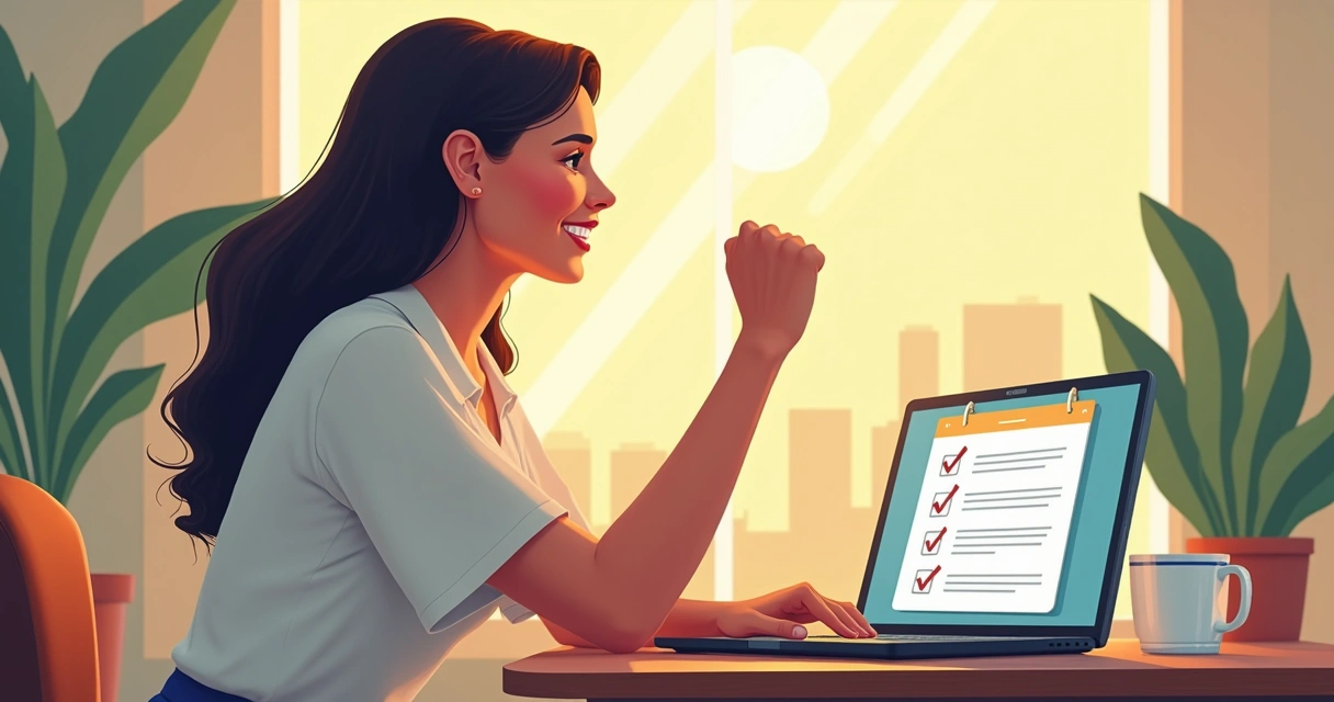 Profissional brasileiro(a) sorrindo e celebrando finalização de tarefa 