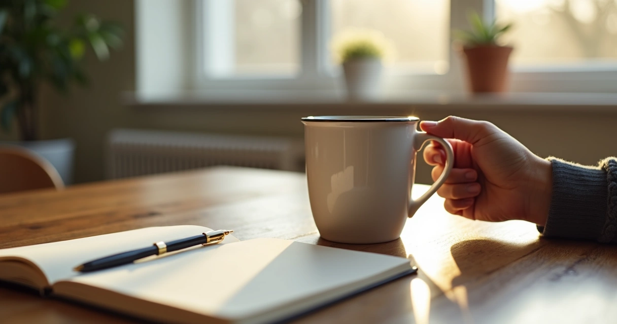 Mão segurando uma xícara de café em casa 