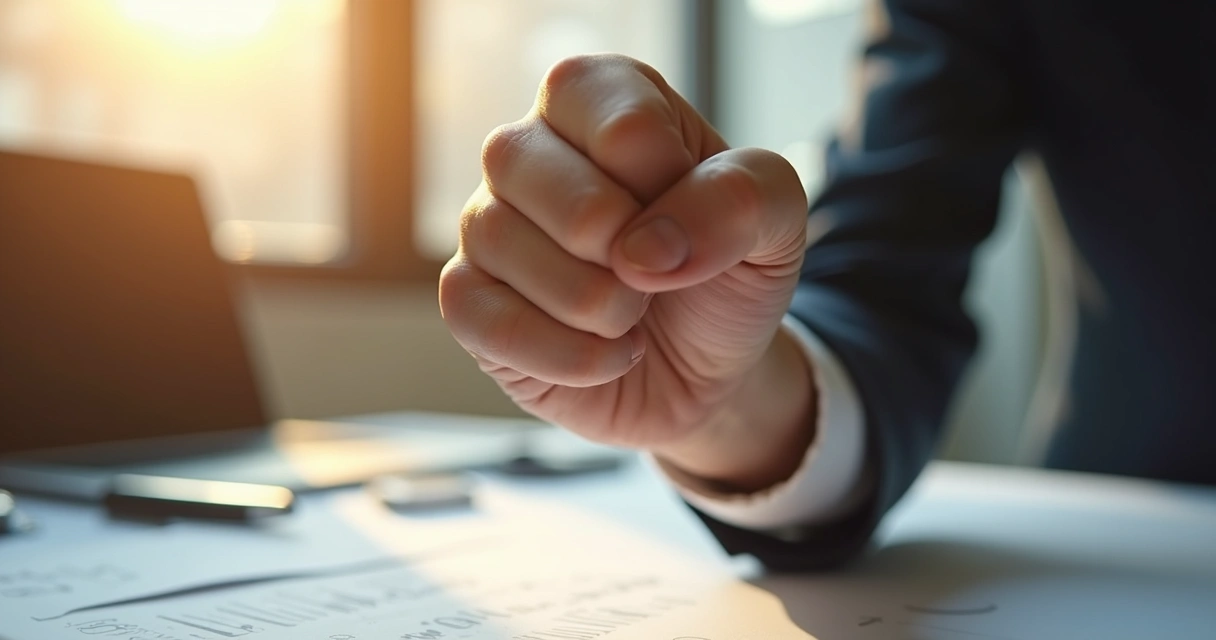 Detalhe de mão fechada em punho em cima da mesa com papéis, gesto de conquista 