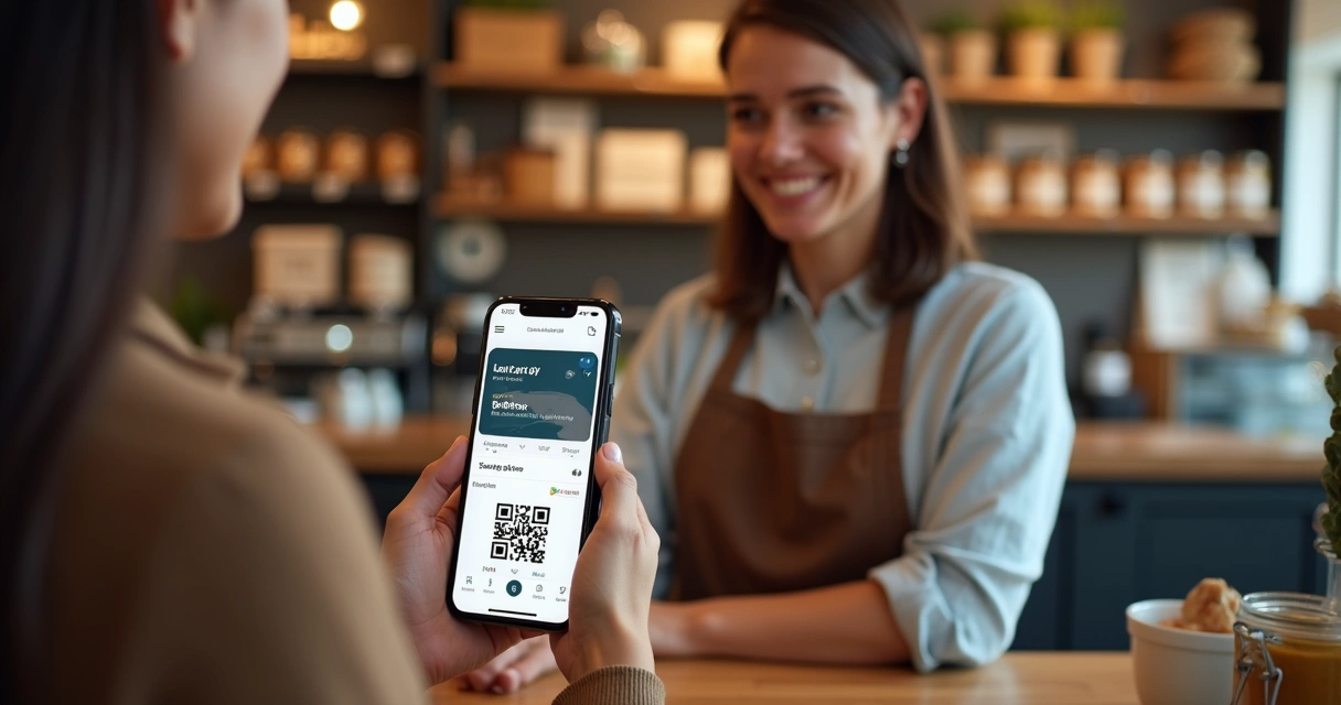 Comerciante usando celular para programa de fidelidade digital com QR Code em loja pequena 