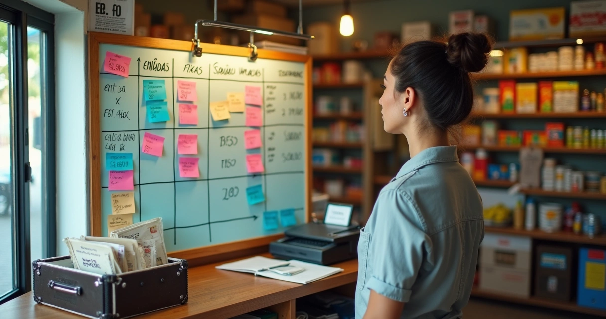 Dona de pequeno comércio organizando contas em painel colorido de orçamento 