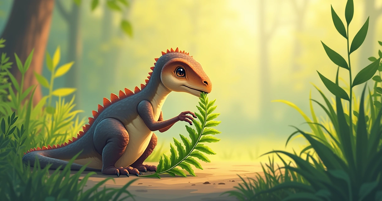 Dinossaurinho pequeno comendo samambaia em vegetação baixa 