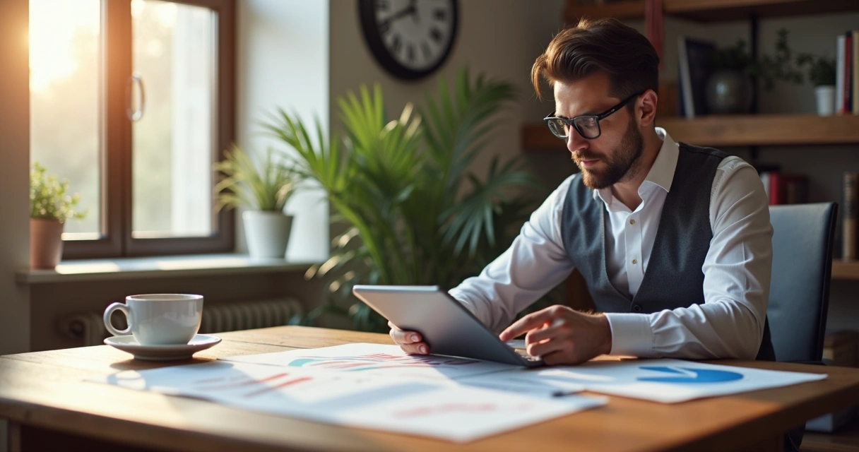 Empresário pequeno porte analisando gráficos econômicos em mesa com tablet e papéis 