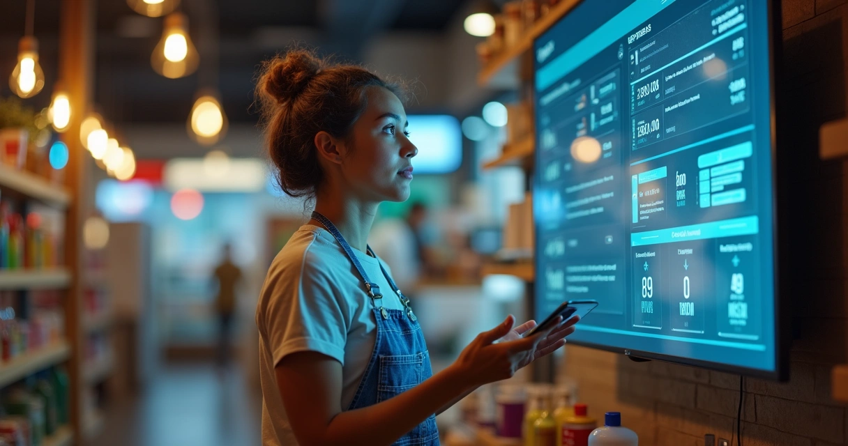 Empreendedor em loja acompanhado de painel digital de vendas 