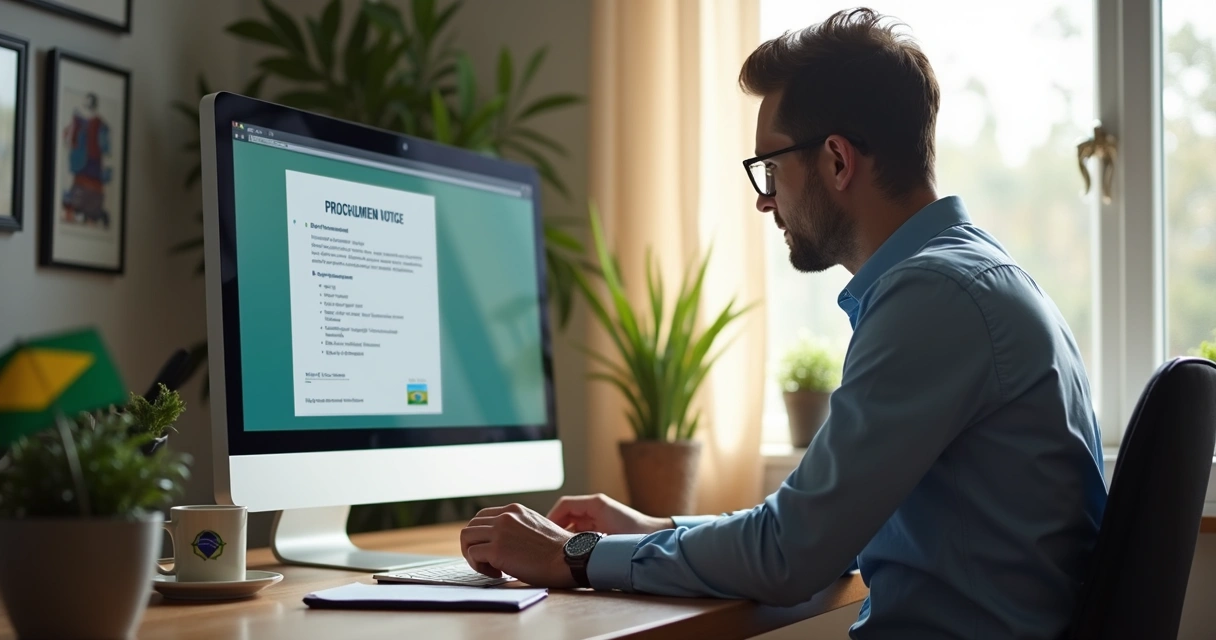 Pequeno empresário analisando edital de licitação em seu computador 