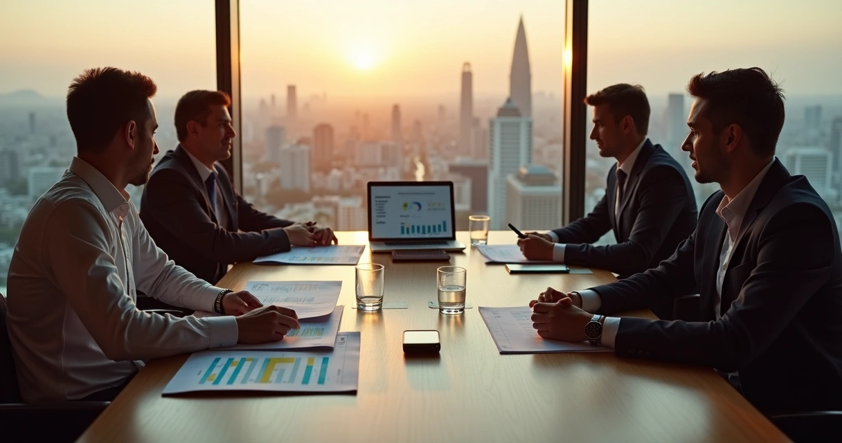 Empresário de pequena empresa negociando em sala moderna com executivos de grande corporação 