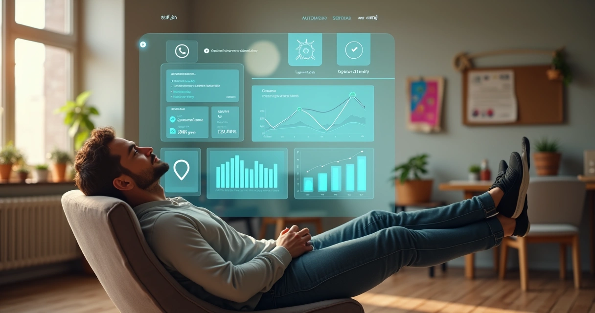 Pequeno empresário relaxando em poltrona enquanto painel digital mostra tarefas financeiras automatizadas 