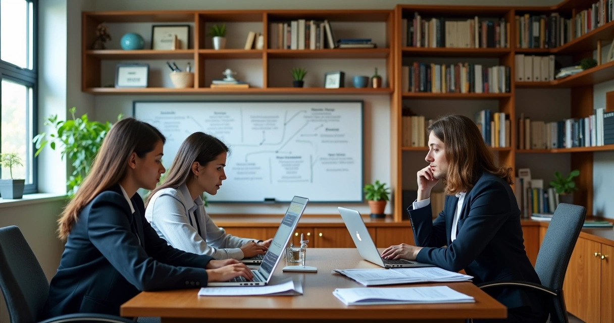 Pequeno escritório de advocacia com advogados usando notebook 