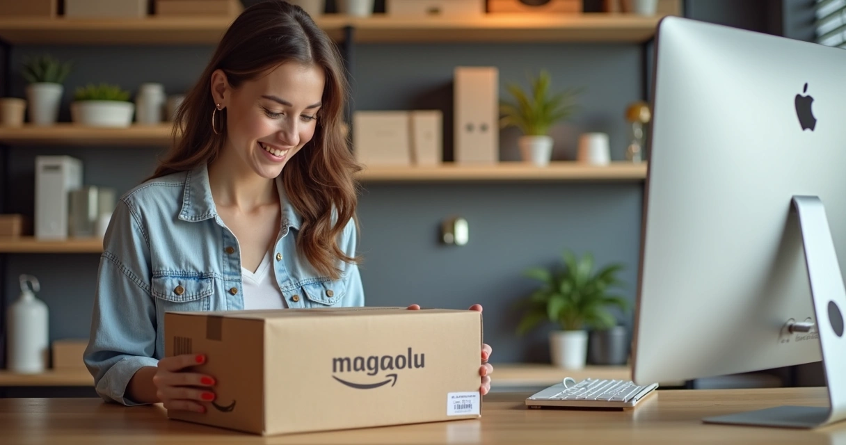 Pequeno empreendedor preparando pedidos com caixa Magalu e etiqueta Amazon