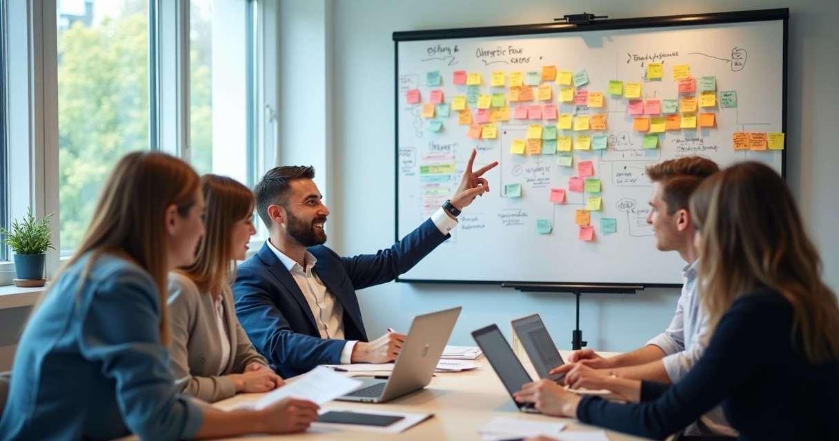 Pequeno grupo de empresários analisando dados e criando proposta de valor em sala de reunião bem iluminada.