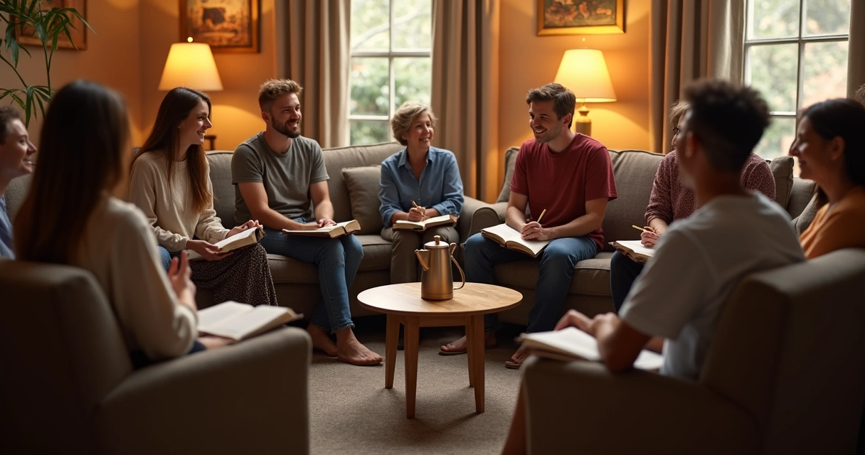Pessoas sentadas em círculo em uma sala conversando em pequeno grupo 