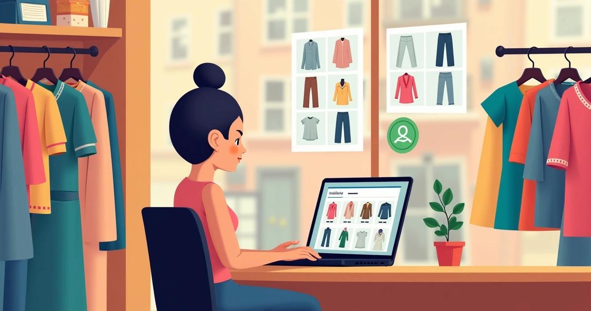 Pequeno lojista montando catálogo digital de roupas na loja 