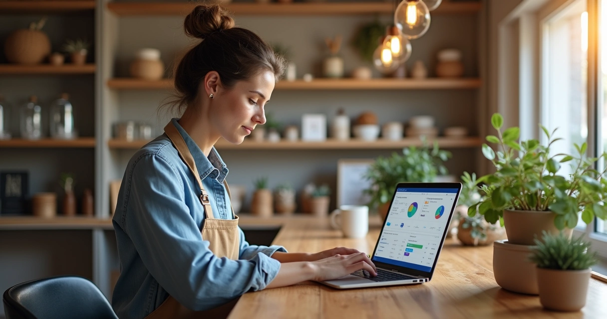 Comerciante consulta dados bancários no notebook em pequena loja 