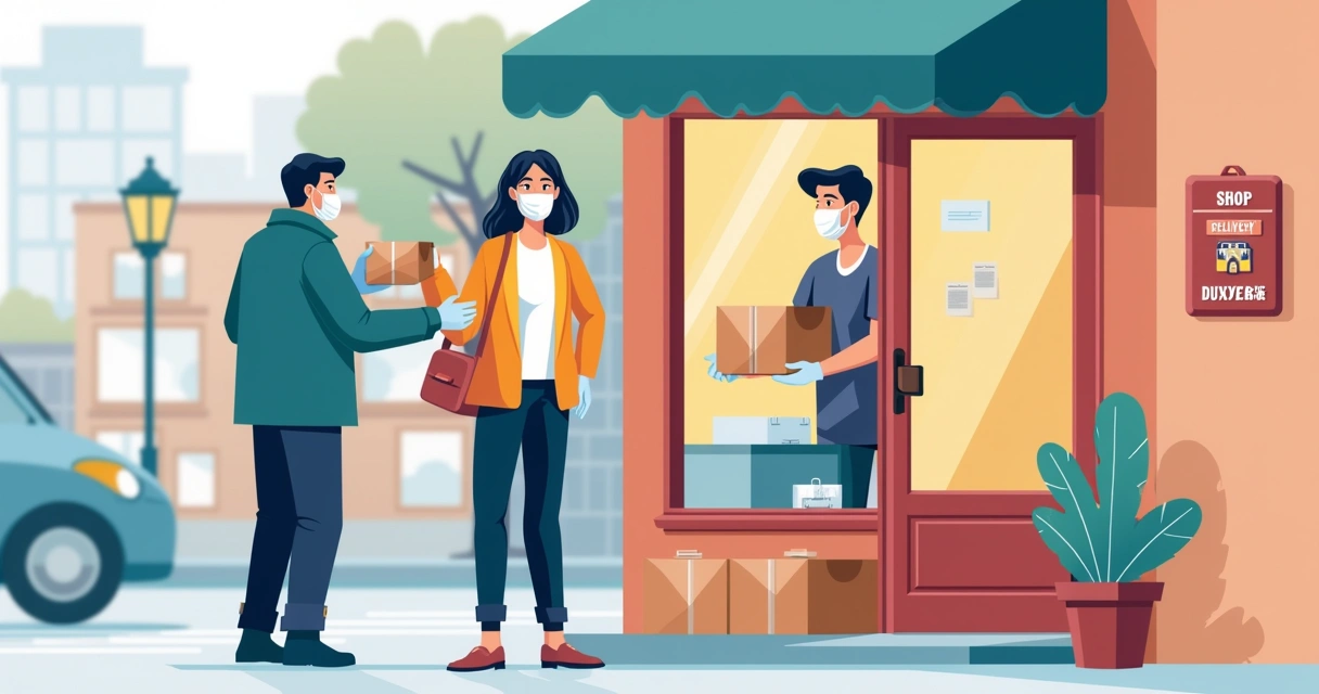 Loja pequena atendendo delivery durante a pandemia com máscara e luvas 