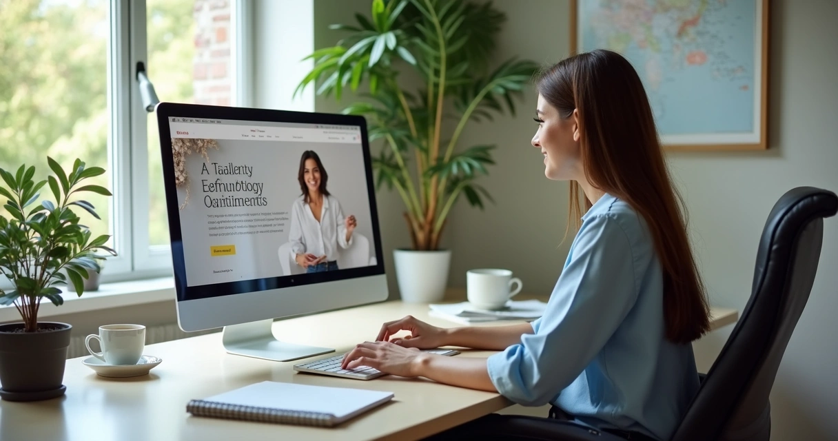 Empreendedor analisando site de pequeno negócio no computador, ambiente de escritório 