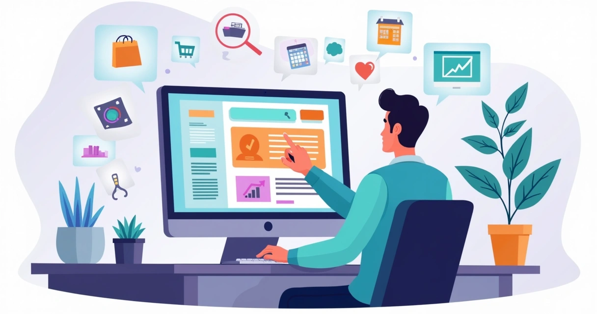 Pequeno empreendedor configurando site em tela grande com elementos de negócios ao redor 