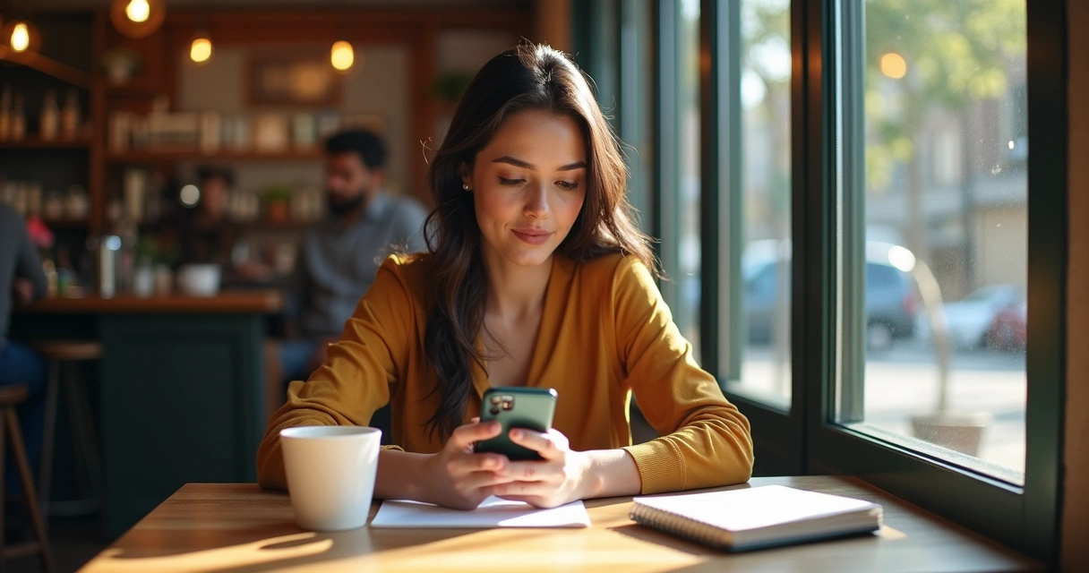 Dona de pequeno negócio usando celular e notebook na cafeteria 