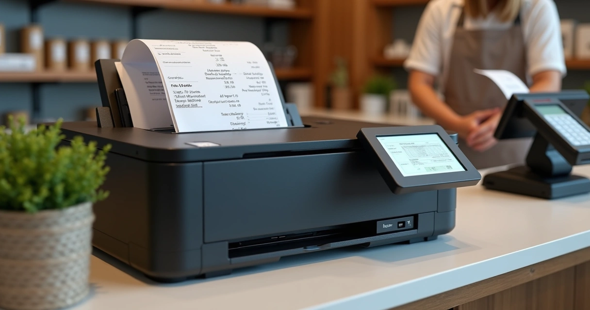 Balcão de pequeno negócio com impressora ao lado do caixa 