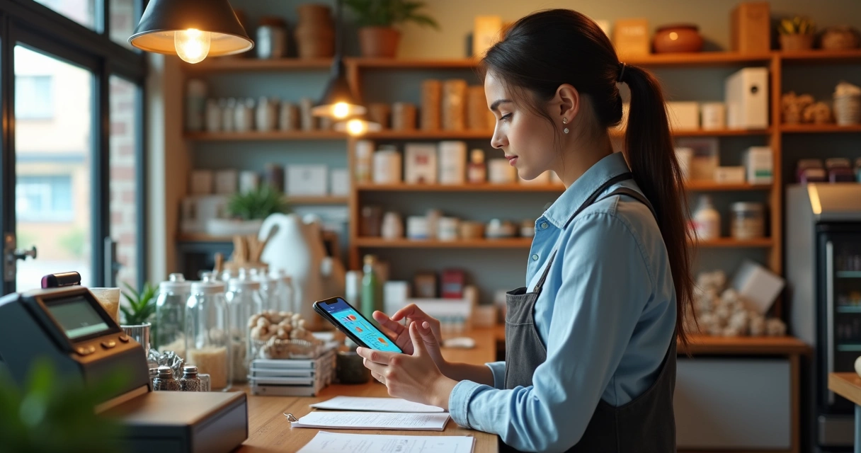 Dona de pequeno negócio conferindo relatório financeiro no celular 