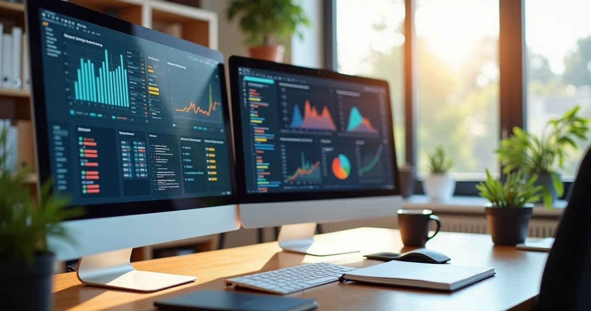 Desktop moderno com múltiplas telas exibindo softwares open source e ícones de tecnologia, ambiente de escritório pequeno negócio organizado e moderno 