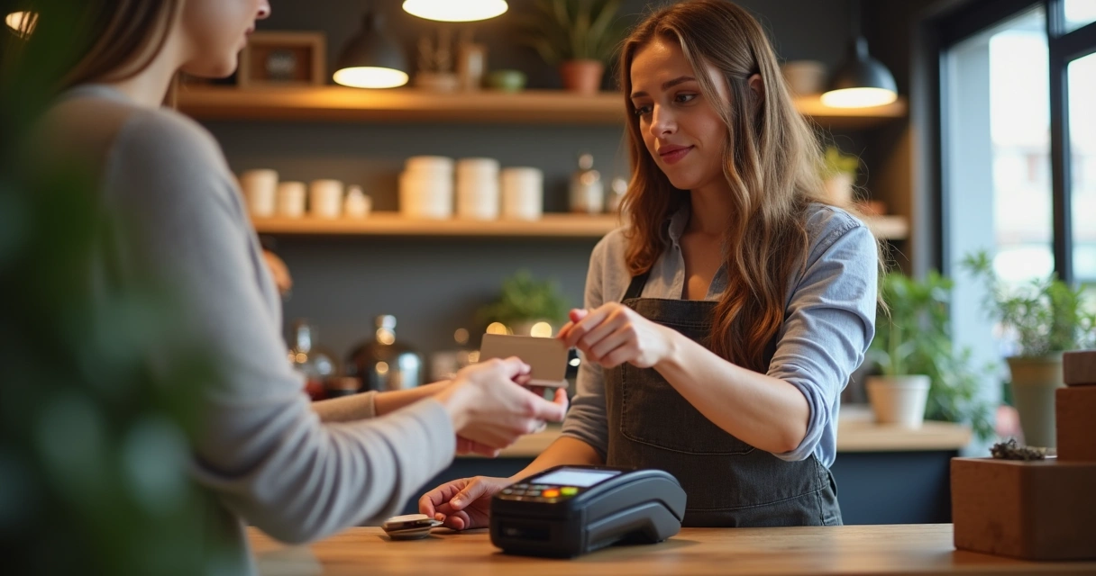 Comerciante usando maquininha de cartão em loja pequena