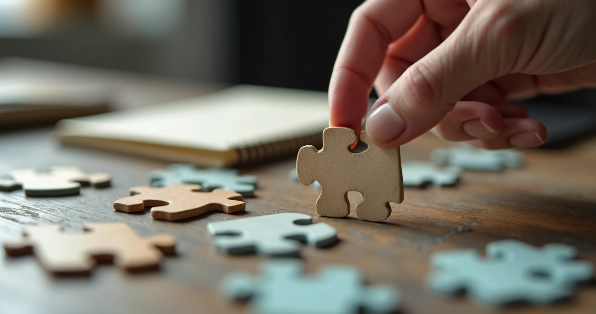 Mano colocando una pieza de rompecabezas en una mesa de trabajo 