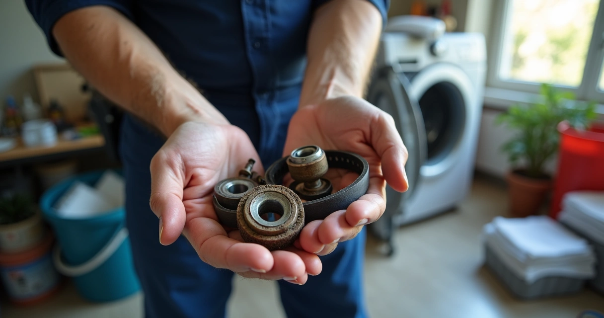 Técnico mostrando peças desgastadas da máquina de lavar 