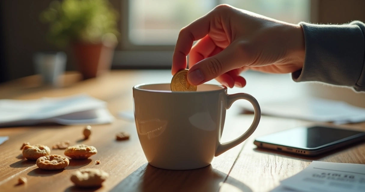Moeda sendo colocada em uma xícara de café em cima de uma mesa 