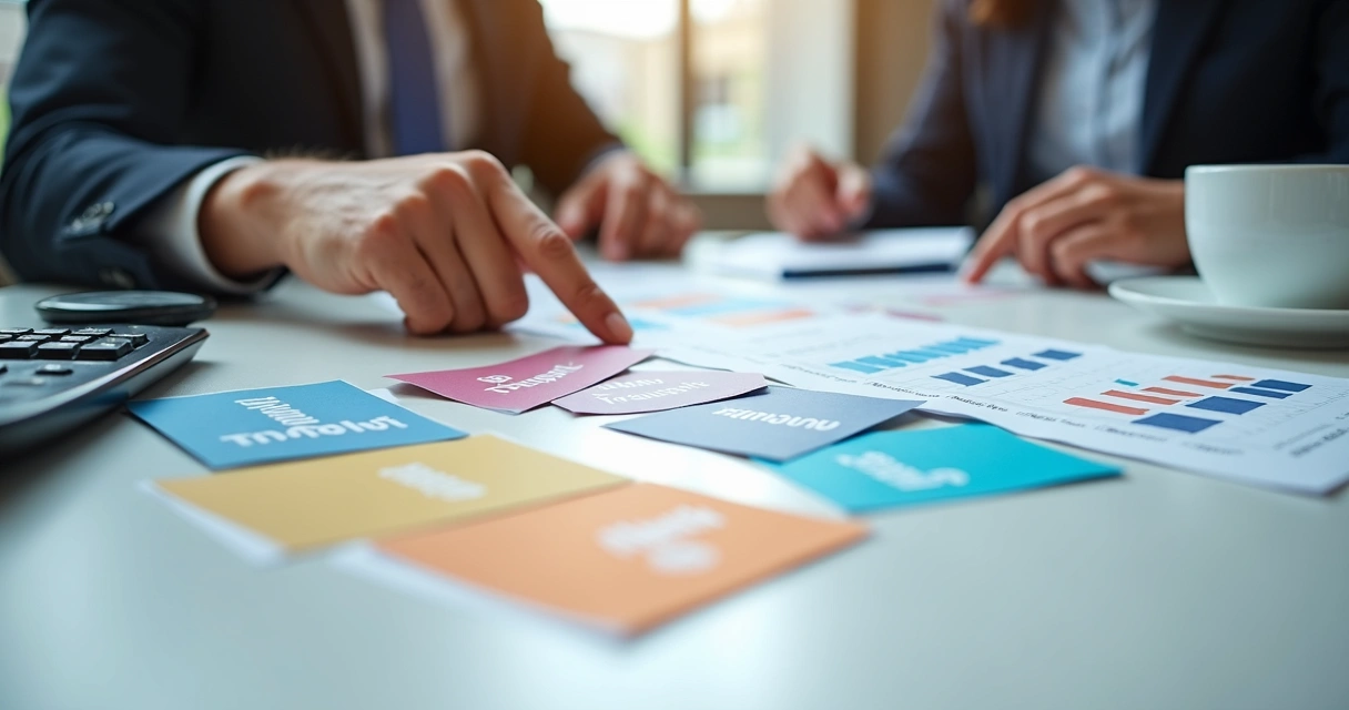 Cartões de benefícios empresariais e planilhas em mesa moderna 