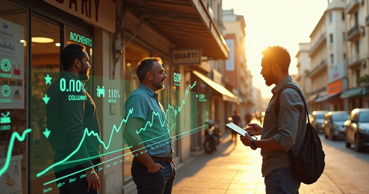 Empreendedores reunidos em rua comercial vendo gráficos de crescimento econômico 