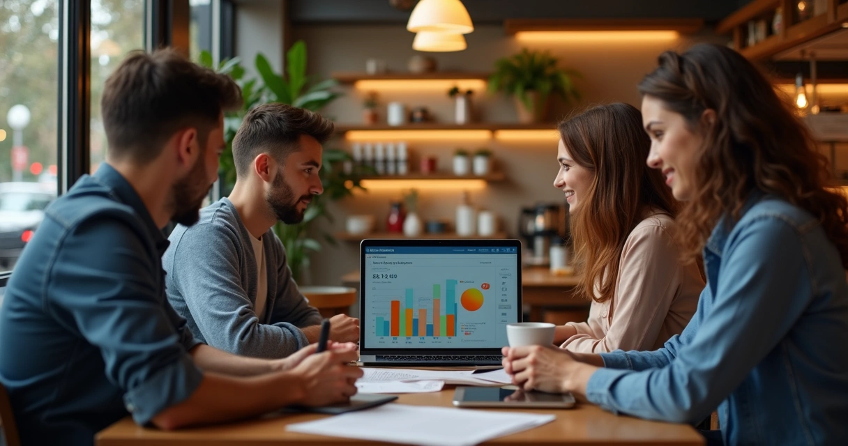 Duas pessoas sentadas em uma cafeteria analisando gráficos em notebook 