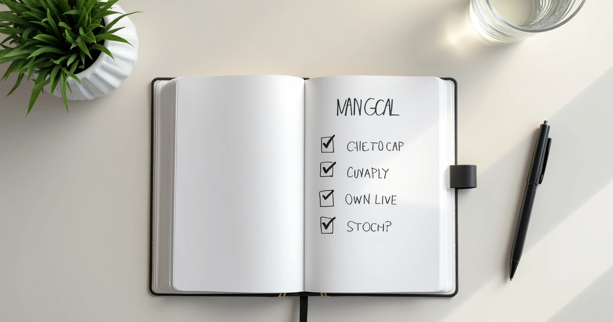 Caderno com metas divididas em pequenos passos sobre mesa clara