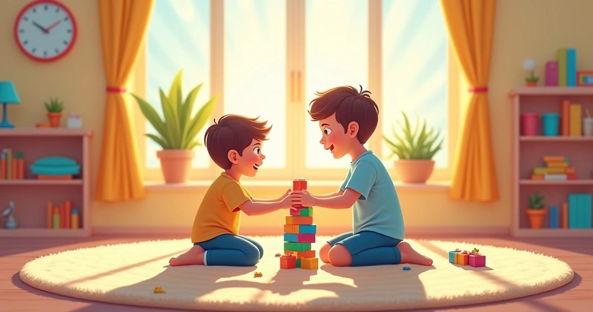 Mãos adultas e infantis juntos brincando no tapete, com brinquedos educativos coloridos espalhados