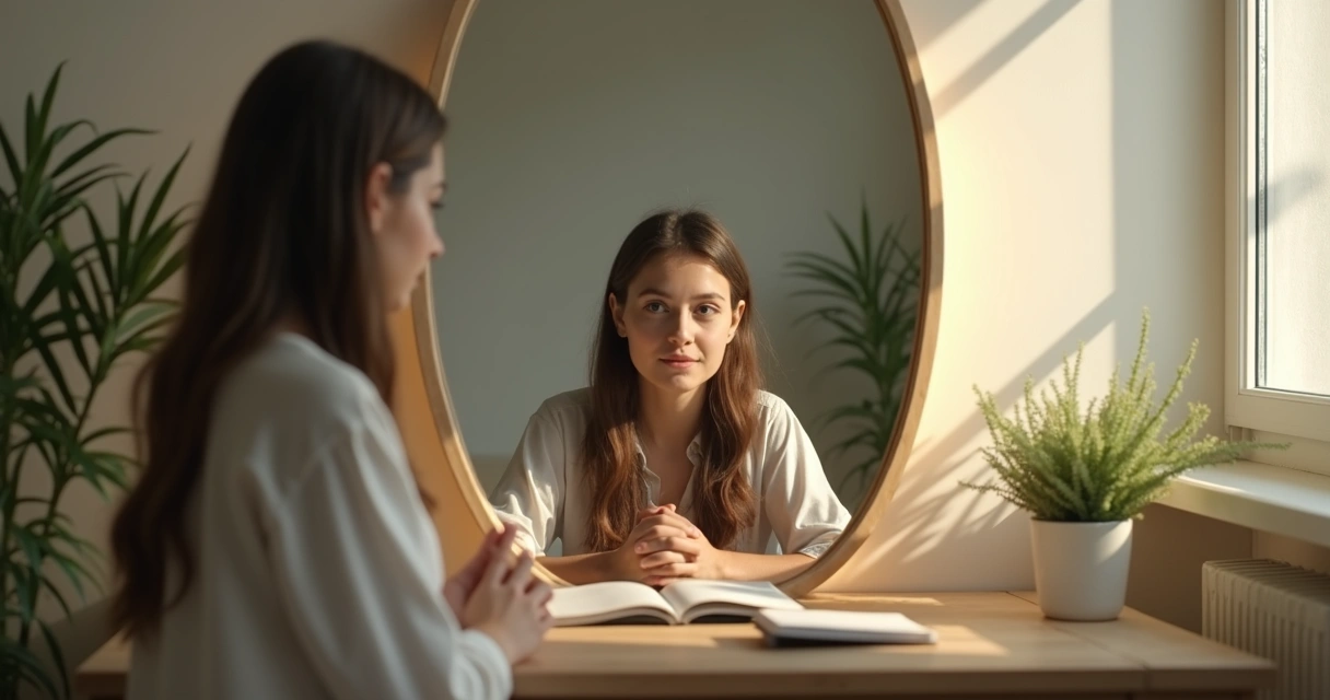 Pessoa refletindo diante de um espelho, representando percepção interna 