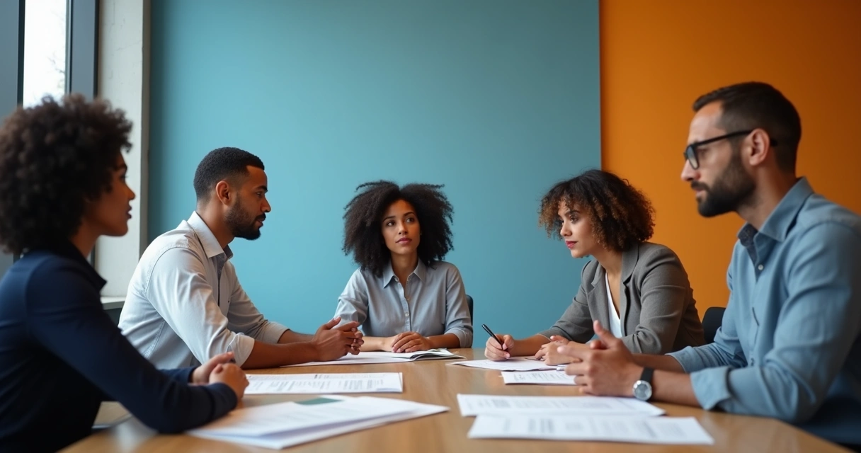Grupo reunido analisando decisões com expressões diversas, mostrando reflexão emocional 