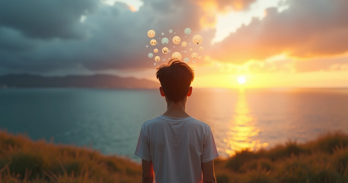 Pessoa em reflexão olhando paisagem dividida entre céu claro e nuvens escuras 