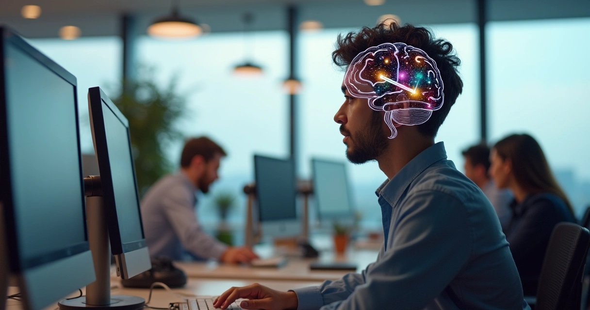 Pessoa analisando diferentes estímulos sensoriais em ambiente de trabalho 