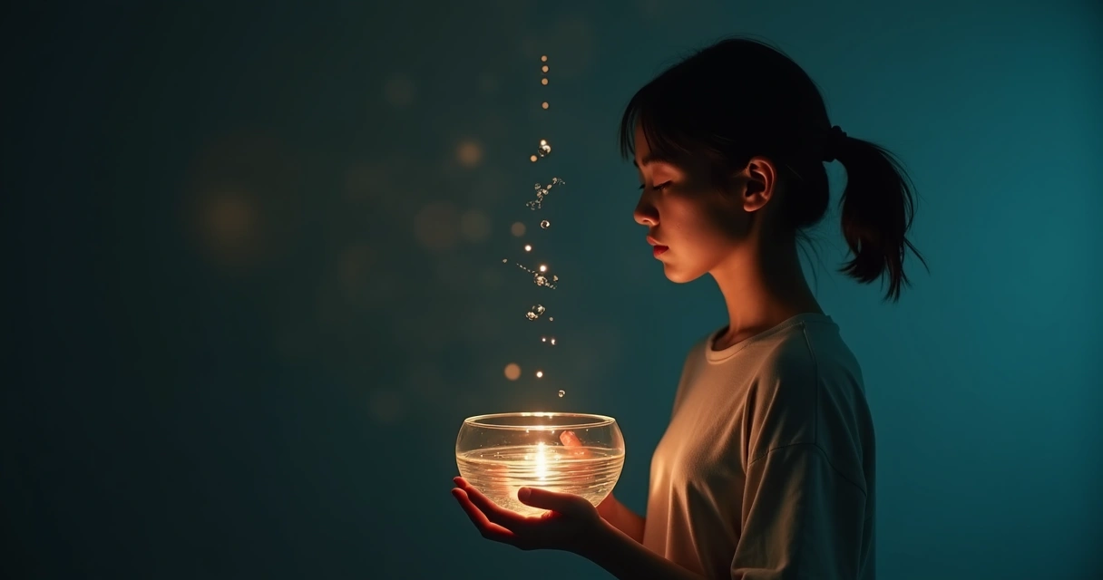 Pessoa com olhos fechados tocando água luminosa em ambiente escuro 