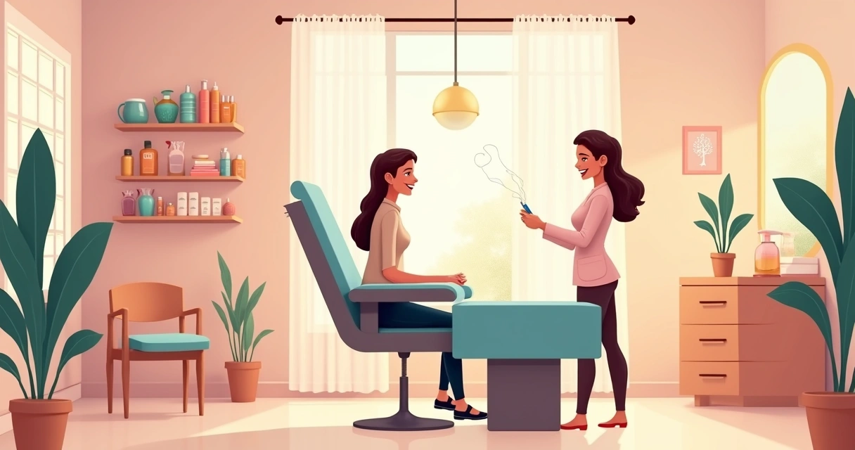 Sala de atendimento de estética limpa, organizada e confortável, com detalhes de decoração, cliente sorrindo e profissional atenciosa explicando um procedimento. 