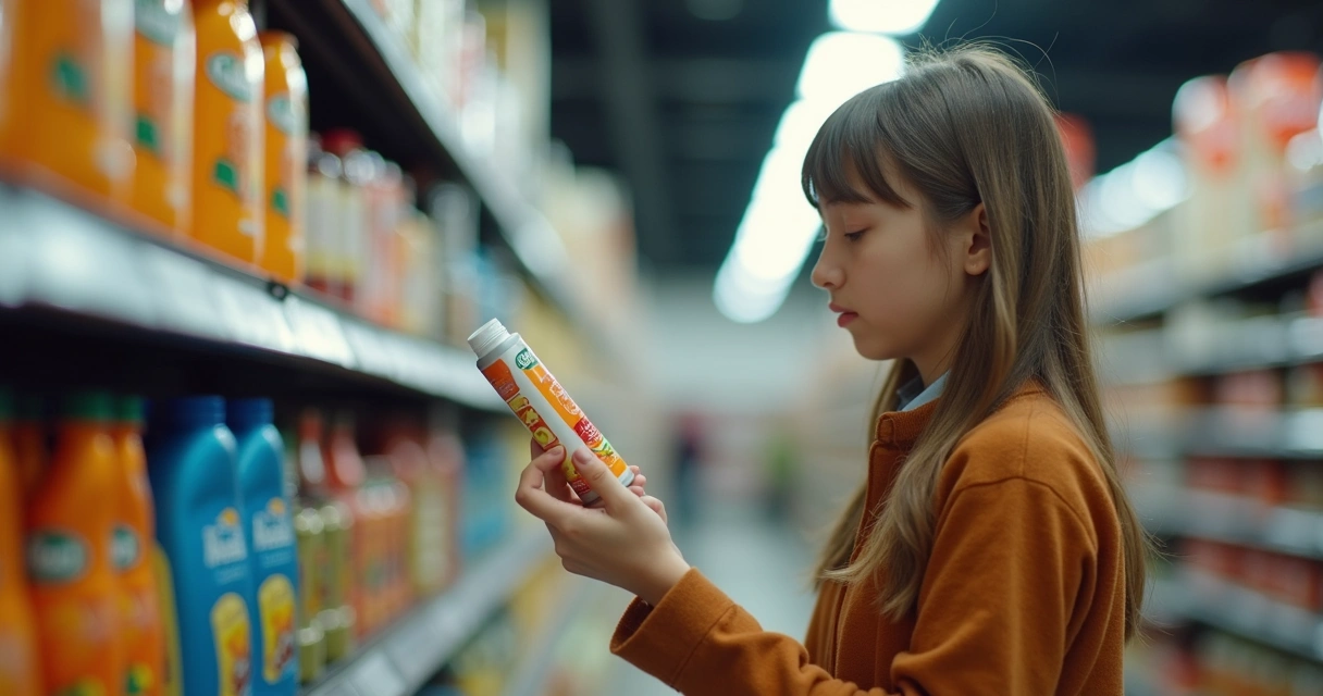 Cliente segurando produto com expressão de dúvida, analisando a embalagem diante de uma prateleira cheia
