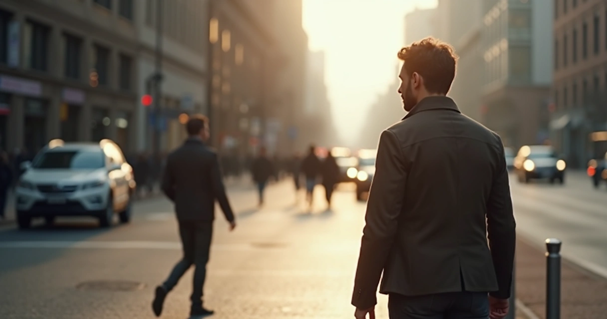 Persona caminando por una calle urbana, notando a otra persona desconocida 