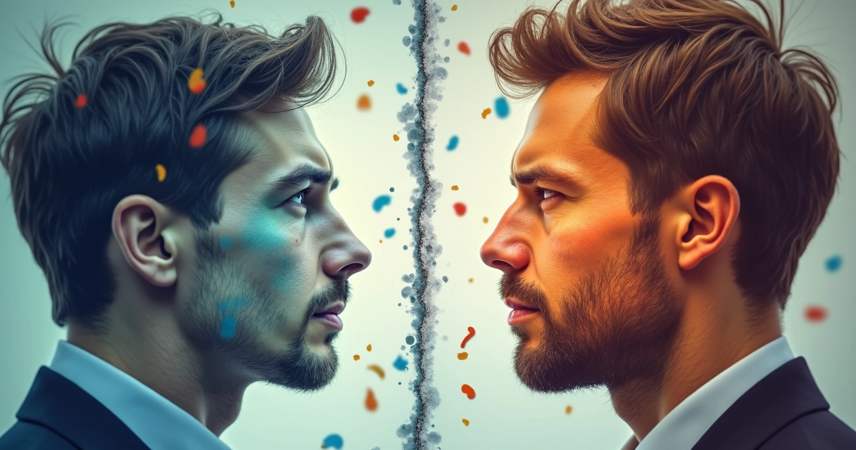 Rostros divididos por una línea, mostrando dos expresiones diferentes, idea de autopercepción y realidad 