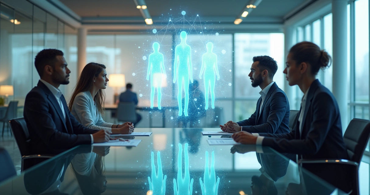 Reclutadores observan candidatos conectados por líneas que representan un sistema humano 