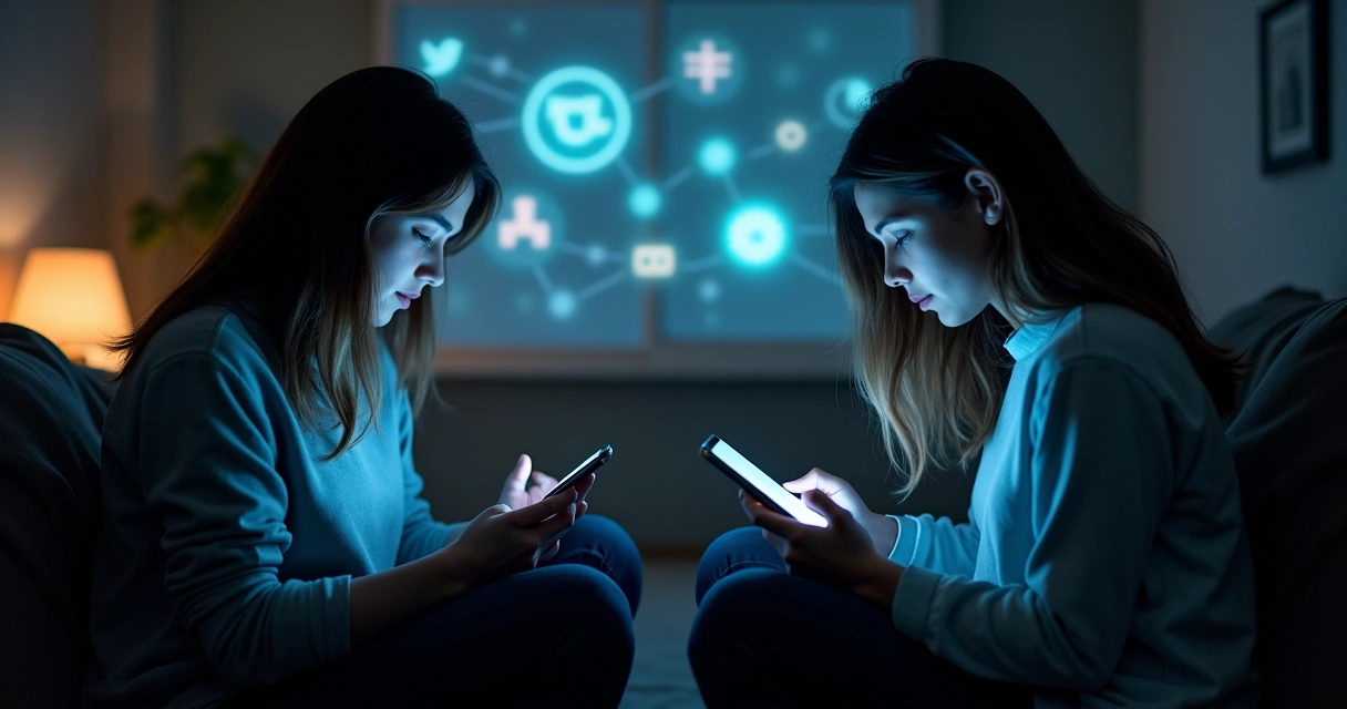 Duas pessoas em ambientes virtuais separados olhando para telas de celular. 