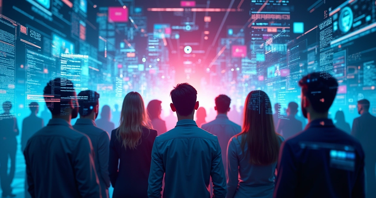 Abstract layers of digital images and human silhouettes with color overlays