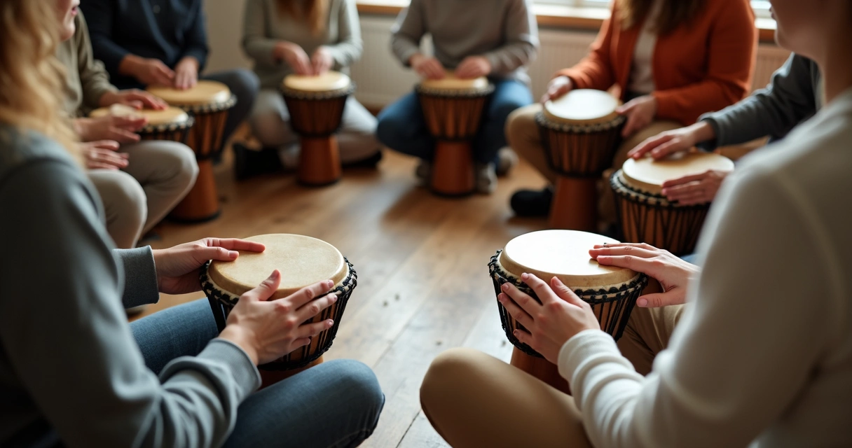 Grupo de personas tocando tambores en ronda 