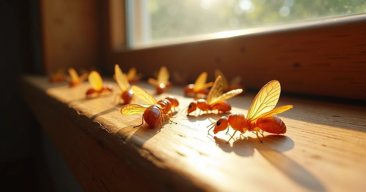 Asas de cupim caídas perto de janela de madeira 