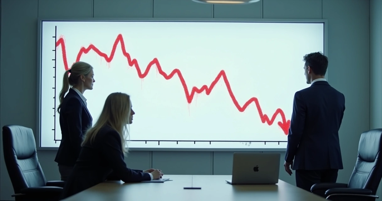 Três pessoas de negócios olhando um quadro mostrando queda abrupta em gráficos, simbolizando a saída de um cliente importante 